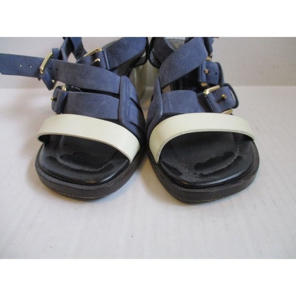 **3.1 Phillip Lim Slate Blue Suede and White Leather Strappy Block Heel Sandals - Picture 4 of 8
